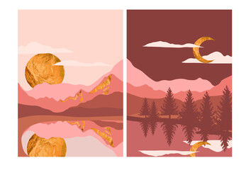 set of creative minimalist hand painted illustrations of Mid century modern. Natural abstract landscape background. mountain, forest, sea, sky, sun and river