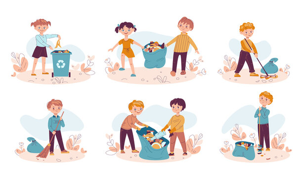 Set of children collecting trash into bags and throwing litter into trash can. Children cleaning nature, recycle garbage. Vector illustration in flat cartoon style. Isolated on a white background.