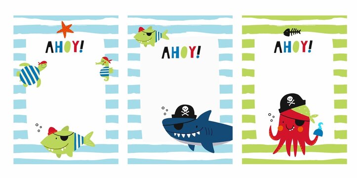 Pirate party - vector print fo kids birthday. Cute animals pirate set. . Cartoon character - octopus, shark, jellyfish, starfish, seahorse, fish, crab