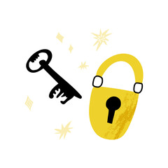 Cute cartoon key and lock, romantic match or eureka symbol. Magic, mystical, esoteric, mysterious vector illustration.