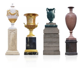 Bronze vase on granite pedestal isolated on white background. Design element with clipping path