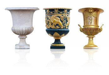 Decorative green vase with golden antique ornaments isolated on white background. Design element with clipping path