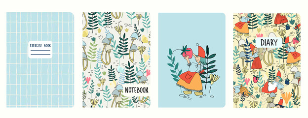 Cover page templates with female gnomes, fairy tale elf girls picking berries, mushrooms, flowers. Based on seamless patterns. Backgrounds for notebooks, diaries. Headers isolated and replaceable