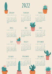 2022 calendar template with colorful cactus illustrations. Week starts on Sunday. Vector illustration, vertical A4 format.