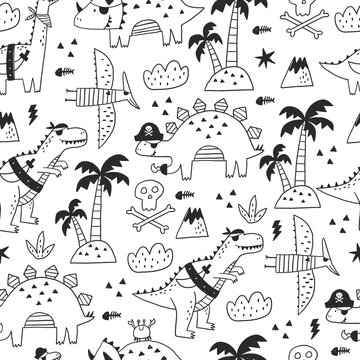 Cute hand drawn dinosaurs in doodle style. Pirate party vector illustration. Cartoon cute Dino pirate - vector seamless pattern