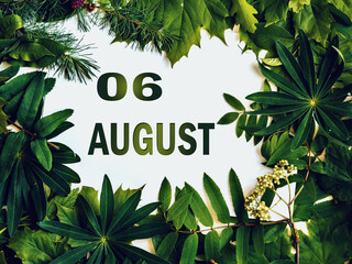 August 6, 6th day of month. .Composition of natural green leaves with paper card. Summer month. Concept of Day of Year