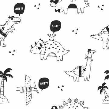 Cute hand drawn dinosaurs in doodle style. Pirate party vector illustration. Cartoon cute Dino pirate - vector seamless pattern