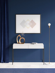 A room in deep blue tones with a horizontal poster over a white console with decorative copper vases, a thick blue curtain, a metal lamp, a blue carpet on a white parquet floor. Front view. 3d render