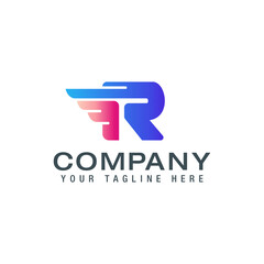 Letter R with wing. Template for logo, label, emblem, sign, stamp. Vector illustration.