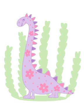 Cute dinosaur on foliage background, vector illustration. Childish character, funny animal. Image for the baby. Hand drawing.