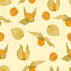 Seamless vector pattern of physalis berries on light yellow background. Design for fruit products packaging