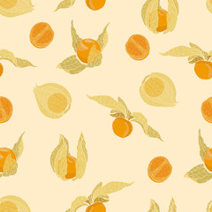 Seamless vector pattern of physalis berries on light orange background. Design for fruit products packaging or fabric textile