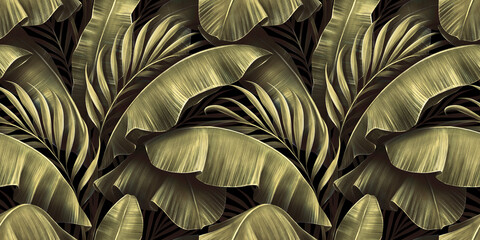Golden seamless pattern with shiny banana leaves, palm. Tropical exotic vintage hand-drawn 3d illustration. Premium bright background art design. Luxury wallpapers, mural, clothes, fabric printing