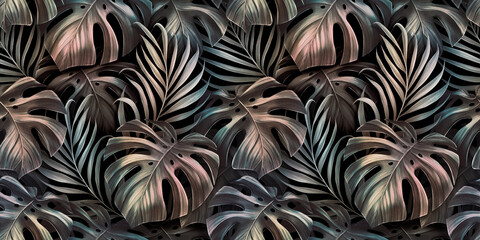 Fototapety  Tropikalny wzór z monstera, liście palmowe na ciemnym tle. Egzotyczne rocznika ilustracja 3d. Podziałka różowo-niebieskie kolory. Efektowny projekt streszczenie sztuka. Dobre dla luksusowych tapet, ubrań