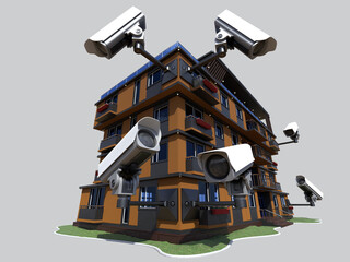 Multi-family modern residential building with CCTV cameras. Security and safety concept. 3d illustration