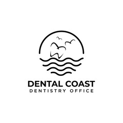 Dental Coast  logo,  vintage modern line art seagull  wave and sun vector