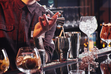 Professional bartender prepares a cocktail behind the bar in a nightclub. Space for text. High quality photo