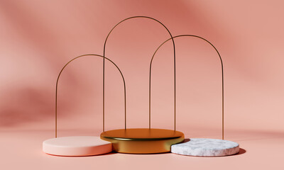 Three product podiums on pink background with golden arches