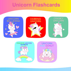 Fototapeta na wymiar Unicorn Flashcards for Children. Cute flashcards for children. Unicorns collections flashcards. Printable game cards. Vector illustration.