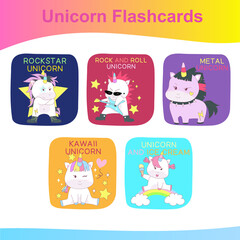 Unicorn Flashcards for Children. Cute flashcards for children. Unicorns collections flashcards. Printable game cards. Vector illustration.