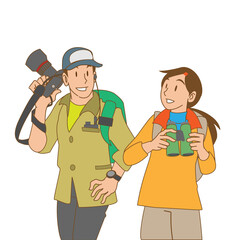 アウトドアで撮影と野鳥観察を楽しむカップル