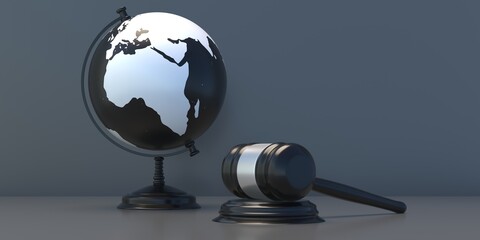 School Globe planet Earth and judge auction gavel on table, 3d illustration