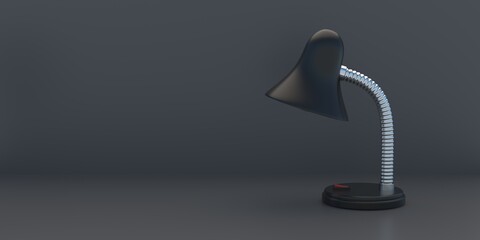 Desk lamp on dark gray background, copy space. Student office metal lamp on adjustable stand. 3d illustration