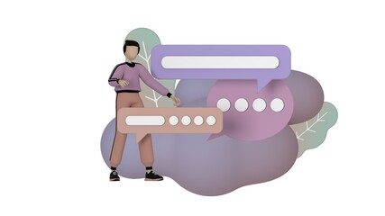 Man with chat message bubble, trendy 3d illustration, 3d rendering.
