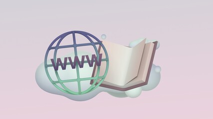 Fototapeta na wymiar Internet hypertext www. Book and globe on isolated background, trendy 3d illustration, 3d rendering.