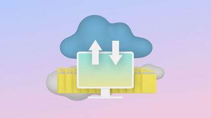 File downloading from cloud, trendy 3d illustration, 3d rendering.