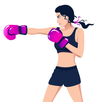 Athletic young woman in boxing gloves trains a kick. Workout illustration in women's boxing.
