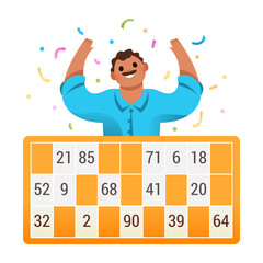 Personnage qui a gagné au jeu de loto tombola, grand carton jaune avec les numéros, homme avec moustache et bras en l'air - obrazy, fototapety, plakaty