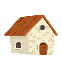 Fairy house from stone, wooden roof, arch door in cartoon style isolated on white background. Retro, rural building, tower with wooden propeller. Clipart, design element. Vector illustration