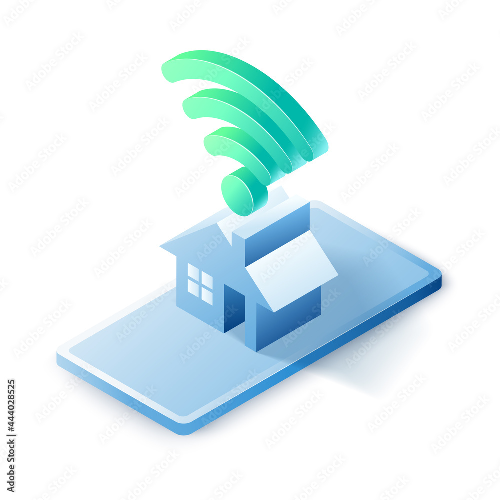 Poster 3d isometric smart house icon with wireless symbol. smart home building technology concept. vector a