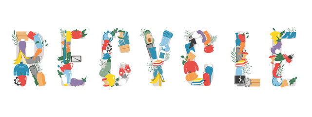 Recycling label with different types of waste. 