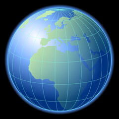 Schematic illustration of globe with latitude and longitude lines on a black background