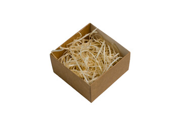 Square craft box with wood filler, isolated on white background. The concept of choosing a gift and preparing for the holiday