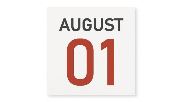 August 1 date behind torn page of a calendar, 3d animation