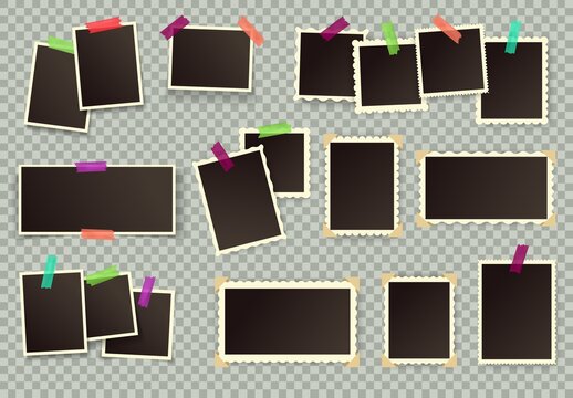 Vintage photo frames. Retro blank picture frame with figured edges. Old photographs with corners, scrapbook album empty photos vector set. Photo collage with adhesive tape and corners