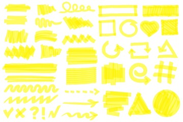 Highlighter strokes. Yellow marker lines, strokes, arrows, frames, circles, checkmarks. Hand drawn permanent markers doodle elements vector set. Stripes, geometric shapes and arrows - obrazy, fototapety, plakaty