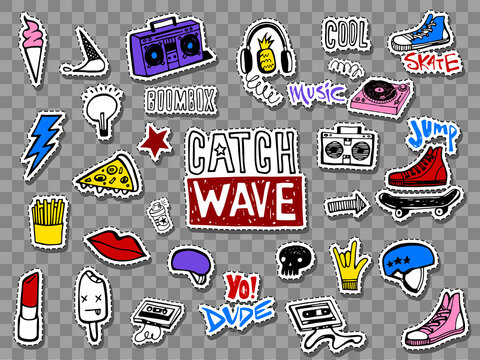 Vector set of teens stickers in doodle style.
