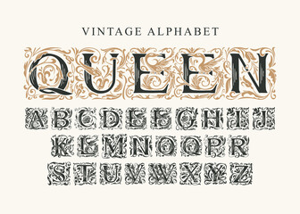 The word Queen. Vintage Alphabet, vector set of hand-drawn ornate initial alphabet letters on a light background. Luxury design of Beautiful royal font for card, invitation, monogram, label, logo