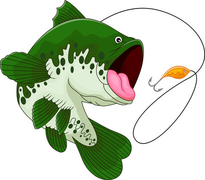 cartoon fish with hook on white background