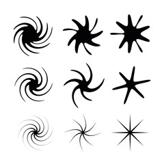 Thin, bold and regular line star and rotating star set. Rotating explosion vortex. Geometric star movement, linear spiral movement set.