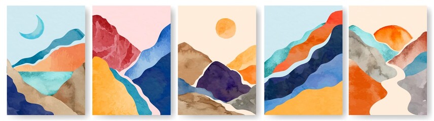 Watercolor landscape poster. Abstract minimalist painting with mountains. Wall art posters with watercolor texture nature elements vector set. Trendy contemporary artworks with sunset and moon