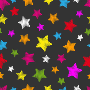Colorful star shapes on dark background. Seamless background.