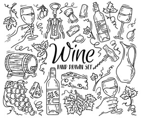 Vector set with wine and cheese in Doodle sketch style. Linear icons for the menu of grapes and bottles.