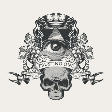Vector coat of arms with Masonic symbol All-seeing eye of God, crown, grapes, rams horns and sinister human skull. Black-white banner in retro style with eye of Providence and inscription Trust no one