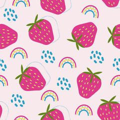 Seamless pattern with strawberries, rainbow, simple shapes on pink background. Vector illustration.