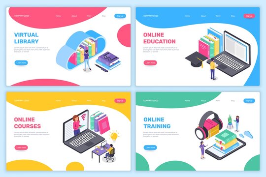 Online education landing page. Isometric learning at home, virtual school, university. Online training courses, digital library concept vector. Teacher giving lecture from laptop monitor